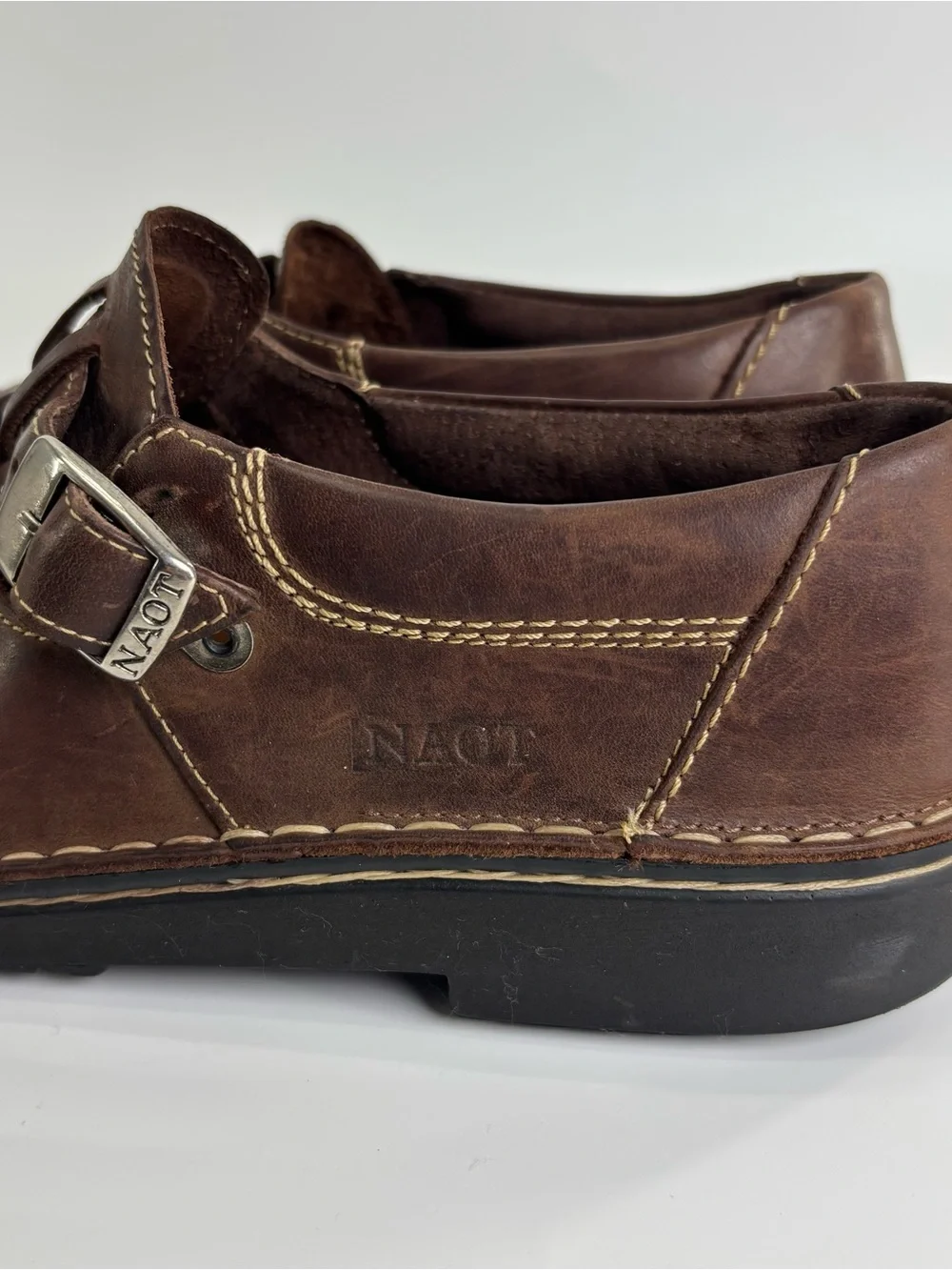 Naot brown leather comfort loafers 42 monk strap buckle chunky 90s grunge